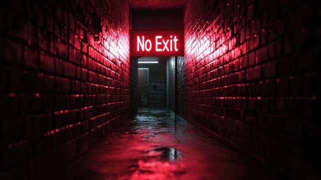 Dimly lit hallway with a red neon sign that reads "no exit". the walls on either side of the hallway are made of brick and the floor is wet, suggesting that it has recently rained.