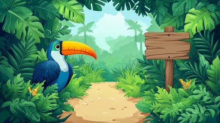 Colorful toucan with bright orange beak sits among lush green tropical foliage on jungle pathway. Wooden signpost stands nearby, surrounded by dense rainforest plants