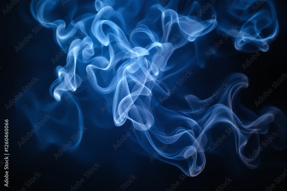 Poster abstract blue smoke swirls on a dark background, creating a creative and artistic design concept wit