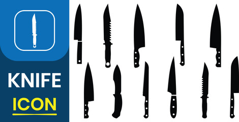 Knife vector icon set. Set of knife silhouette. Hunting knife icon. Cutlery for dining, chef and restaurant, barbecue, cheese, meat, bread, fish, vegetable. Vector illustrator.