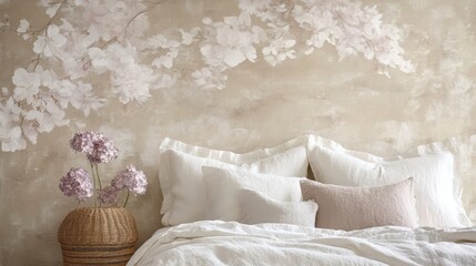 Serene floral backdrop with soft hydrangea blooms over a linen-textured base