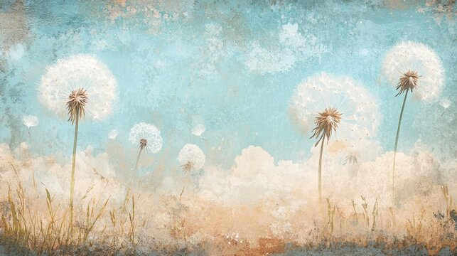 Dreamy botanical wallpaper with softly sketched dandelion seeds on a watercolor wash