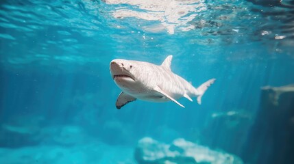 Fototapeta premium Shark swimming underwater aquarium, ocean background