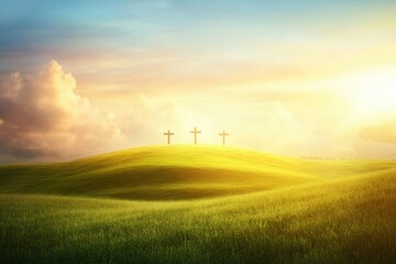 A Serene Landscape at Sunrise Featuring Three Crosses on a Rolling Hill Under a Colorful Sky in a Peaceful Setting.