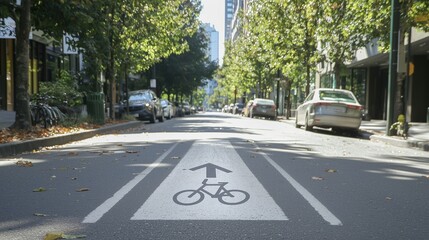 Bike lane sign with arrow indicates direction for cyclists on urban street.