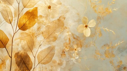 Botanical background with translucent leaves and golden tones