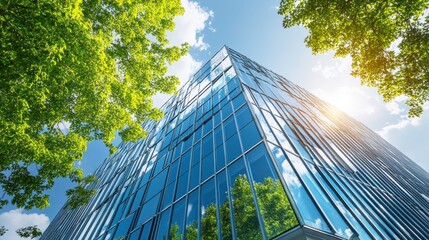 Contemporary office tower reflecting sky and foliage on sunny afternoon