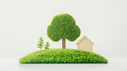 Minimalist eco-friendly concept with small wooden house and artificial green trees on grassy hill, symbolizing nature and environmental awareness in clean and modern style