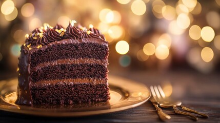 Decadent chocolate cake on a gold plate, a luxurious dessert