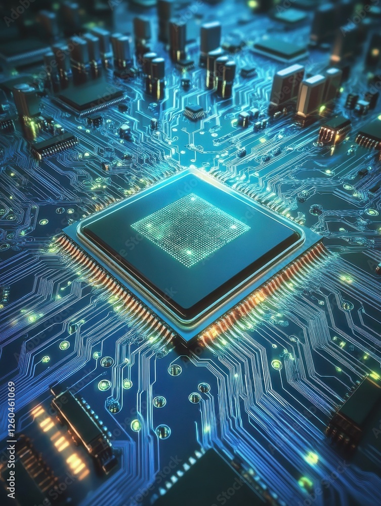 Poster circuit board with softly shimmering pathways and glowing chips