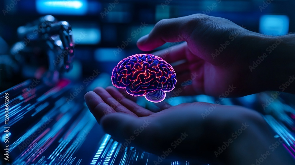 Poster hands holding ai brain; robot background; digital future