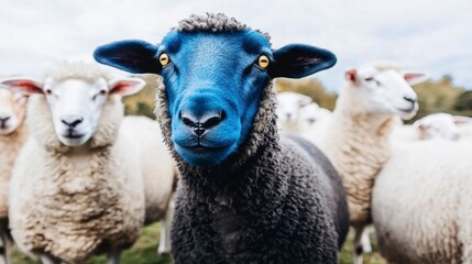 Fototapeta premium Blue Sheep Among White Flock in Pastoral Setting Captured in Vibrant Contrast and Unique Perspective