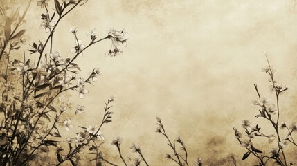 Vintage floral wallpaper with ink-drawn wildflowers on paper