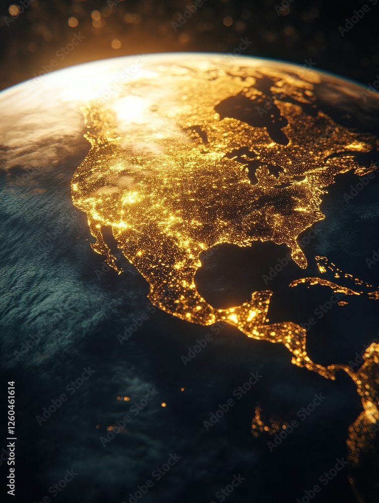 Poster golden highlighted continents on earth with dark background generative ai image