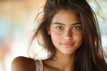 Obraz premium young indian beautiful woman sitting in cafeteria