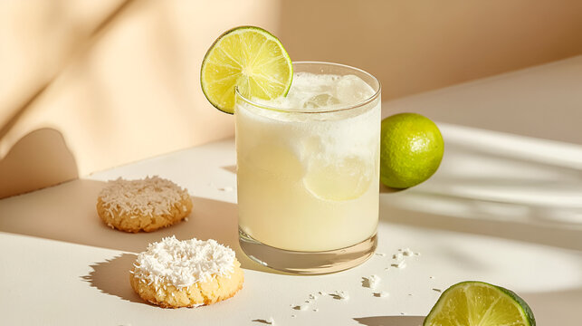 Refreshing citrus drink with coconut cookies, a perfect pairing for a tropical treat.