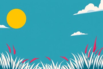 Simplified Summer Scene: Sun, Clouds, and Stylized Grass with Red Flowers