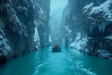 A lone boat navigates through a misty, icy canyon surrounded by towering cliffs and serene waters