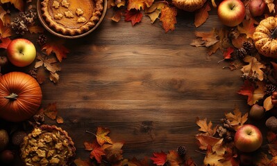 Autumn Harvest Scene with Pumpkin Pie, Colorful Leaves, Apples, and Gourds on Rustic Wooden Table Abstract Background for Seasonal Celebrations