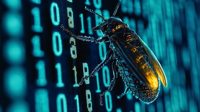 A bug on binary code symbolizes software testing and debugging.