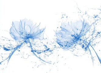 Beautiful abstract background with two delicate dandelion seed heads in blue on a white background. Delicate, transparent petals of the flower in a close-up macro shot. Minimalist natural pattern. 