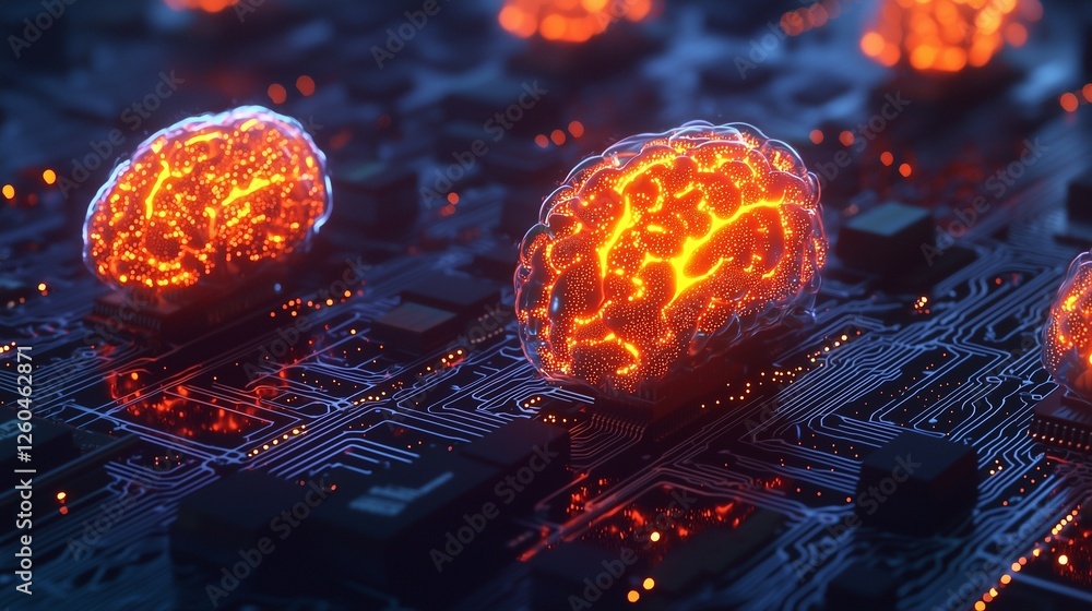 Poster glowing brains on circuit board symbolize ai self-learning and neural networks.