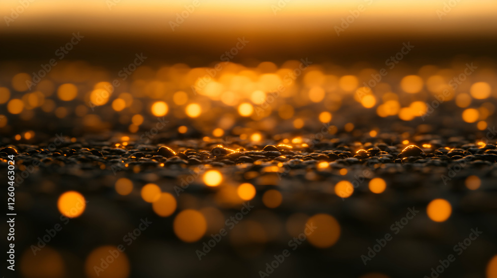 Poster golden sunset light illuminating a field of dark pebbles, creating a mesmerizing bokeh effect. perfe