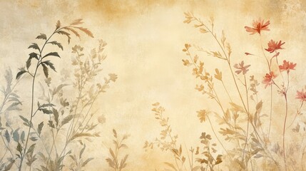 Tranquil plant backdrop with watercolor wildflowers on rice paper