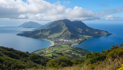Coastal mountain range and bay view