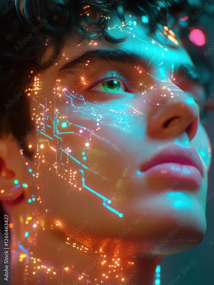 Poster circuit board with softly shimmering pathways and glowing chips