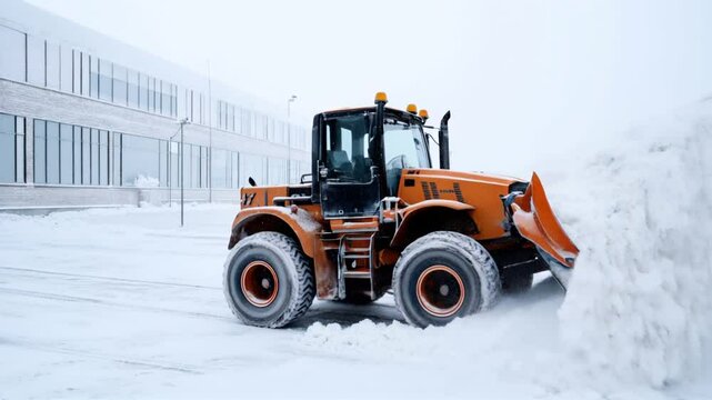 Front loader moving a large pile of snow in front of an industrial building during snowfall.