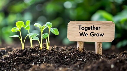 Seedlings beside 'together we grow' sign symbolize growth and collaboration.