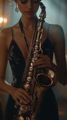 Elegant woman playing saxophone in dimly lit studio
