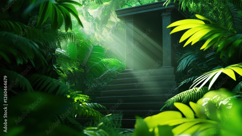 Poster a serene view of a lush green jungle with vibrant foliage, illuminated by soft sunlight filtering th
