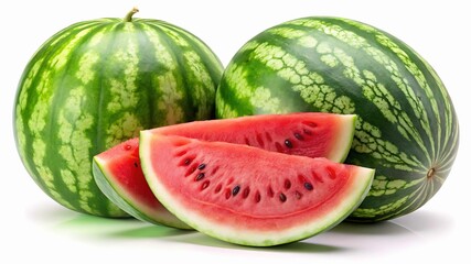 Fresh Watermelon with Sliced Red Flesh - Whole watermelons with one slice cut, revealing the juicy red flesh and seeds inside, ideal for summer enjoyment.
