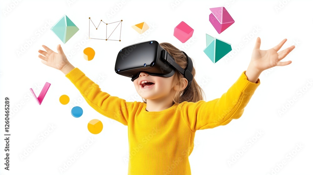 Poster child interacting with glowing numbers and 3d graphs in vr, minimalist style, isolated on white.