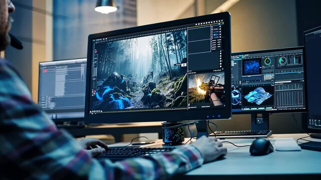 Video editing. Digital workstation in use, An animator perfects 3D models, showcasing the art-technology blend in video editing, with visible software