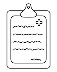 Medical history on a medical form. Sketch. Clipboard. Doctor's prescribed treatment plan on a sheet of paper. Vector illustration. Outline on an isolated background. Doodle style. Prescription form. 