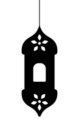 Moroccan candlestick. Silhouette. Vector illustration. Dark lantern sconce with a window. Outline on isolated background. The lamp is decorated with a flower to diffuse light. Idea for web design.
