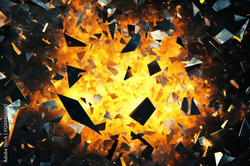 Poster abstract explosion of shards and fragments with bright orange light in a dark background