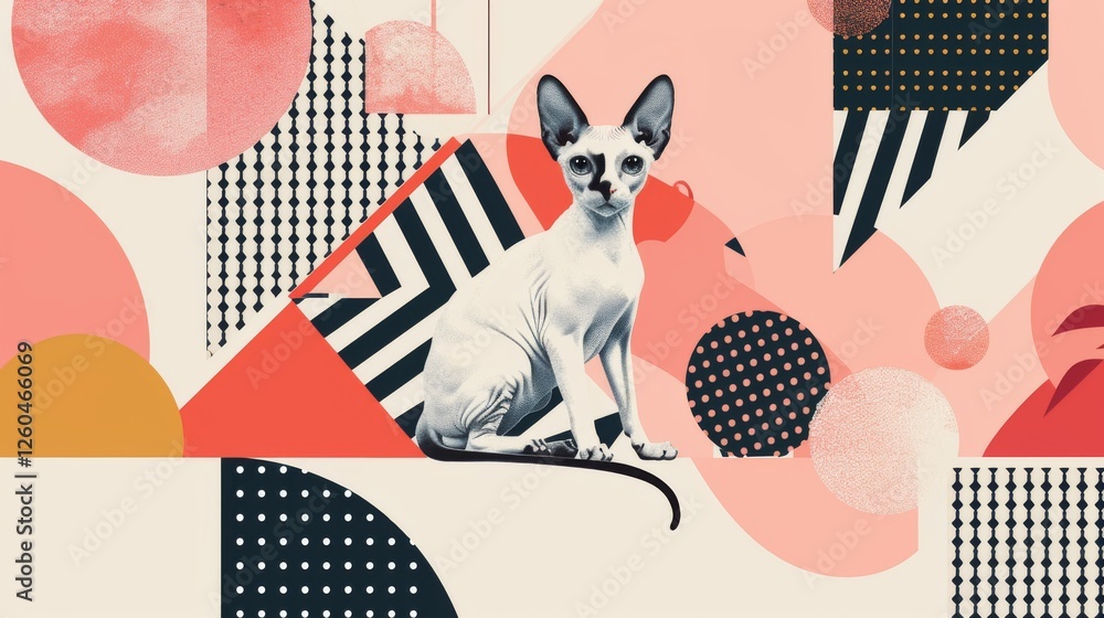 Aufkleber a minimalist sphynx cat illustration set against a playful abstract pink and red geometric backgroun