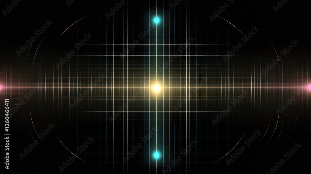 Poster abstract geometric grid with glowing light points in a dark background