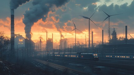 A dramatic urban scene showcasing wind turbines near a railway station and industrial cargo zones, highlighting renewable energy in a city landscape.