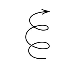 Spiral hand drawn arrow. Curly line doodle black arrow. Funny design infographic element. Spiral spring pointer. Vector illustration isolated on white background.