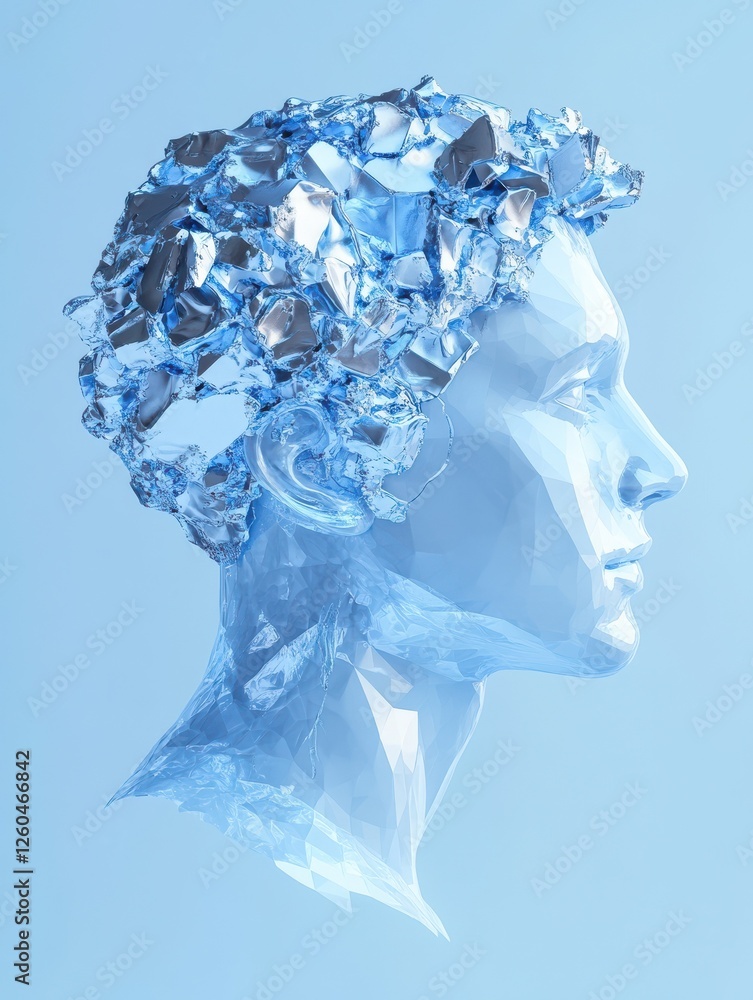 Poster man profile silhouette with abstract polygonal brain on blue background. artificial intelligence and
