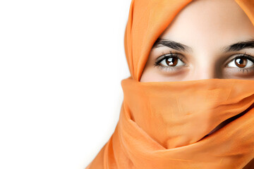 Naklejka premium Portrait of muslim woman In Hijab isolated on white backdrop 