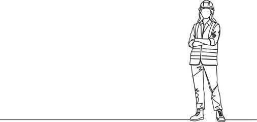 continuous single line drawing of female construction worker or civil engineer wearing reflective vest, line art vector illustration