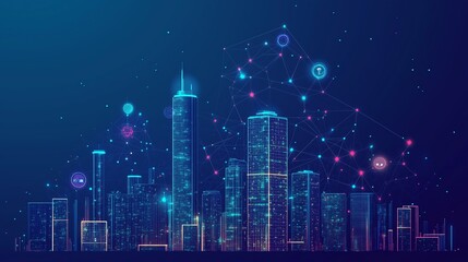 Naklejka premium Futuristic smart city with glowing AI-driven global network connections, IoT innovations, and modern urban skyline on a sleek tech background.