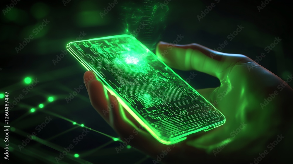 Poster glowing green hand holding a futuristic phone, pulsing with neon light, representing ai-based voice 