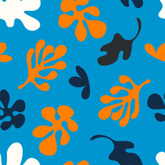 Trendy creative seamless pattern in Matisse style, abstract geometric and natural shapes, bright colors